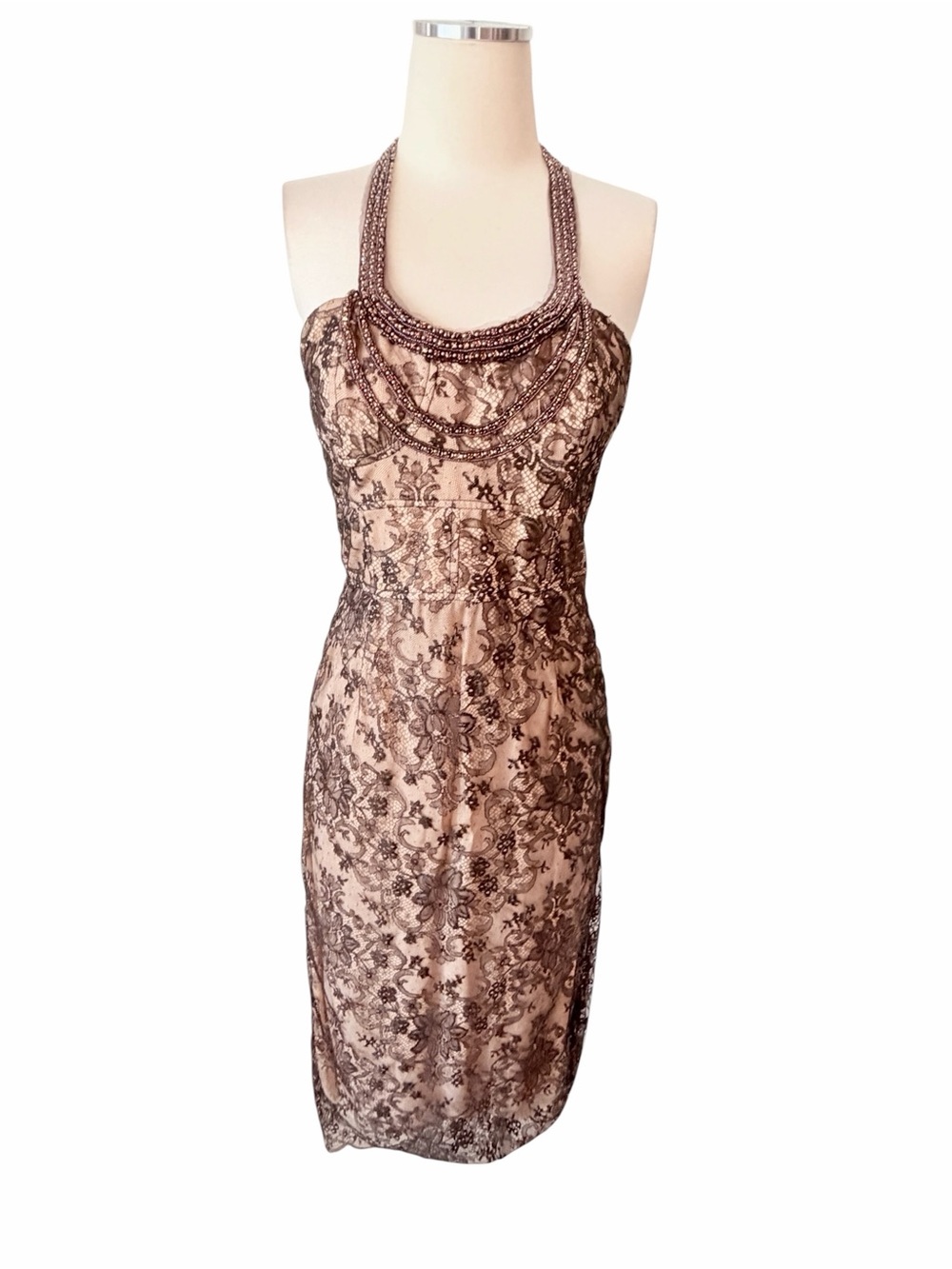 Lela Rose Blush and Brown Beaded Halter Lace Midi Dress Sz 6